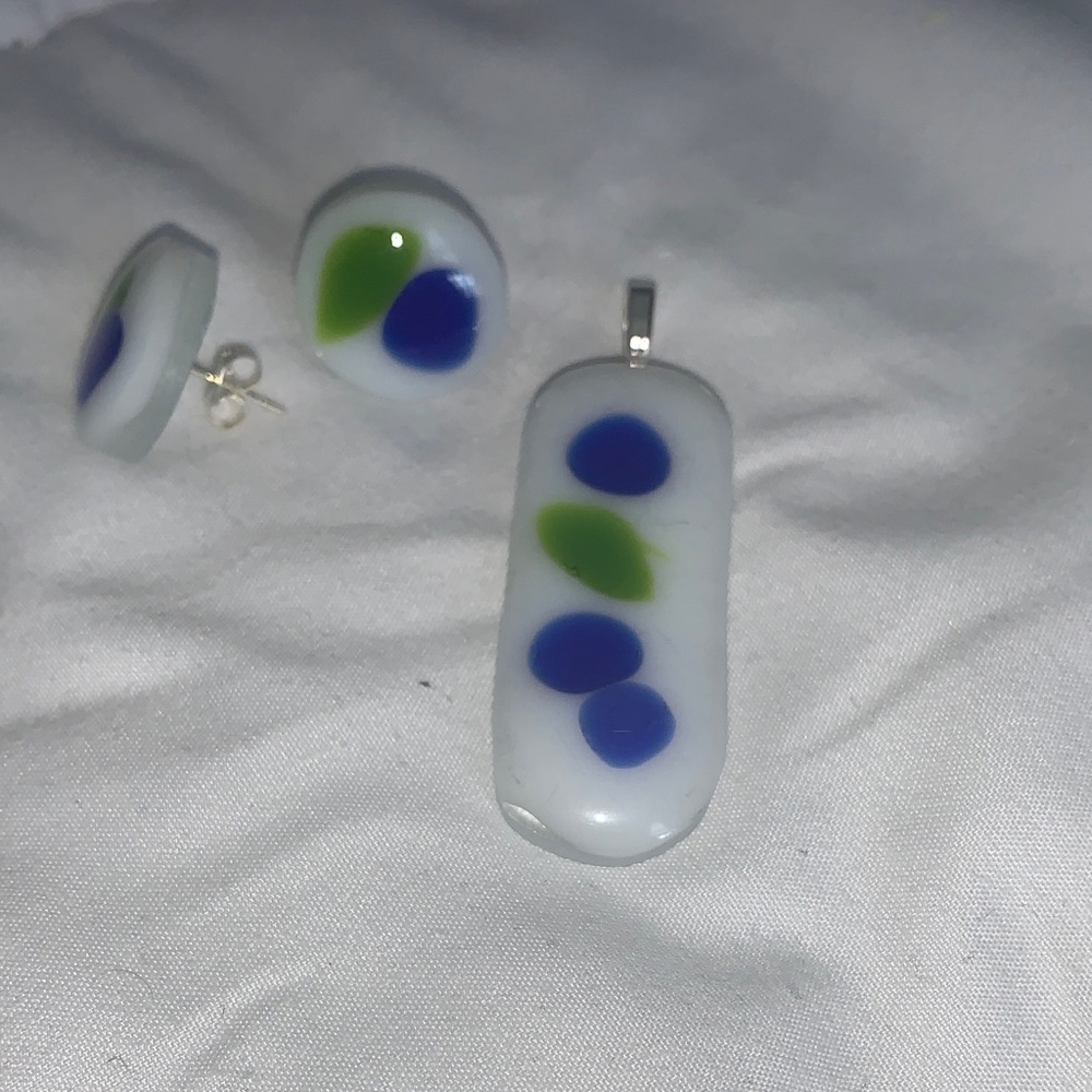 Elegant White green and Blue Fused Glass Pendant and Earring Set